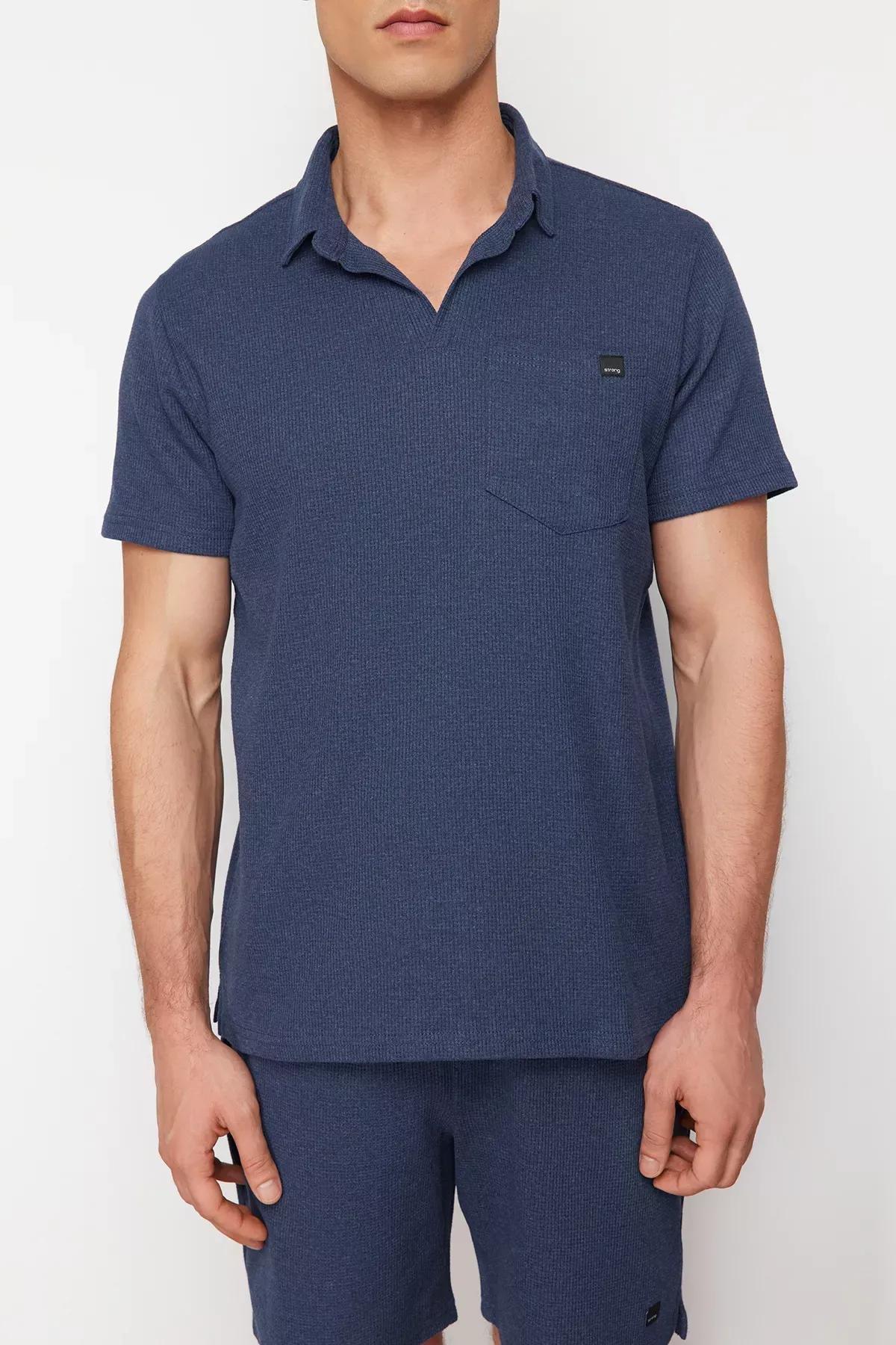 Blue Regular Textured Fabric Polo Set, , large image number 4