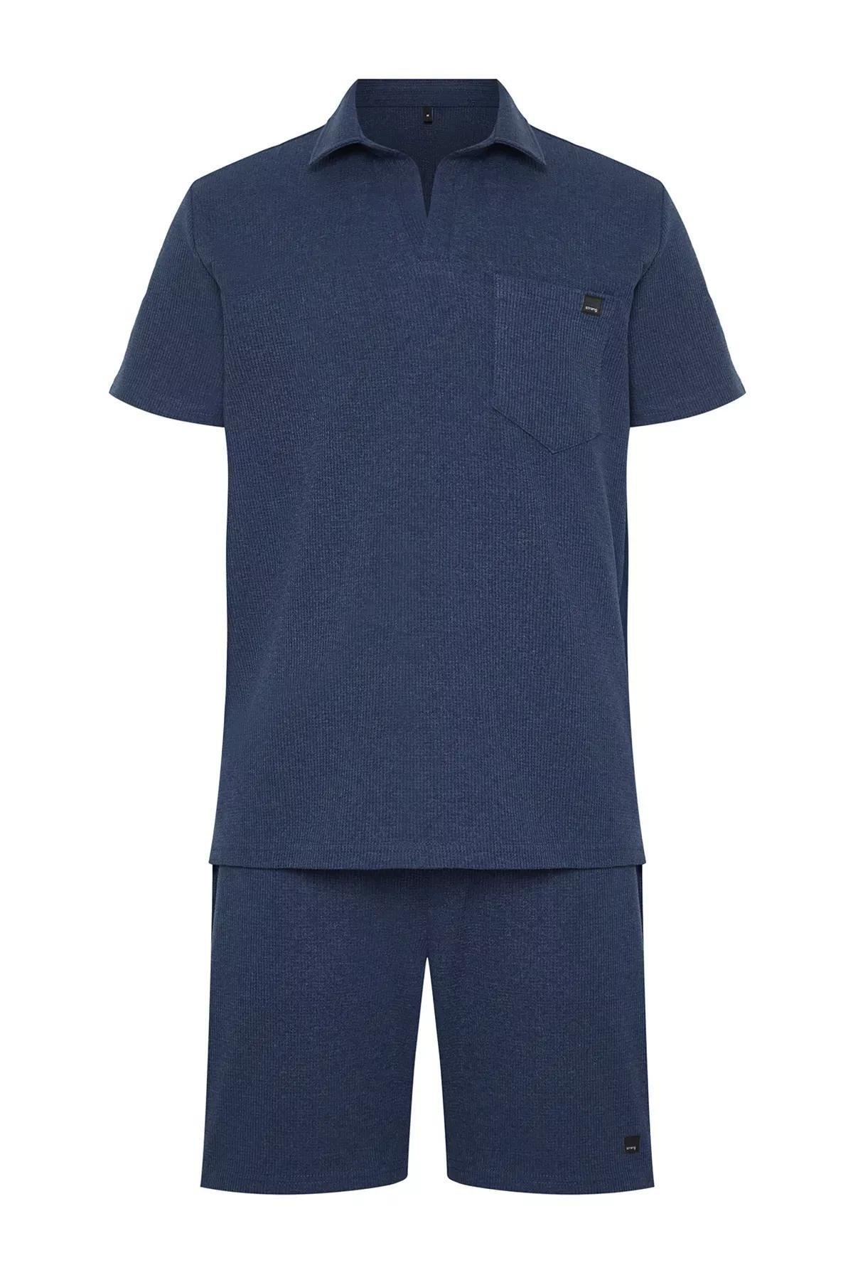 Blue Regular Textured Fabric Polo Set, , large image number 5