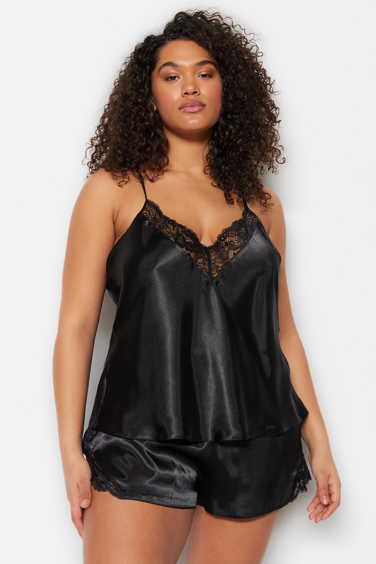 Trendyol - Black V-Neck Plus Size Pajama, Set Of 2