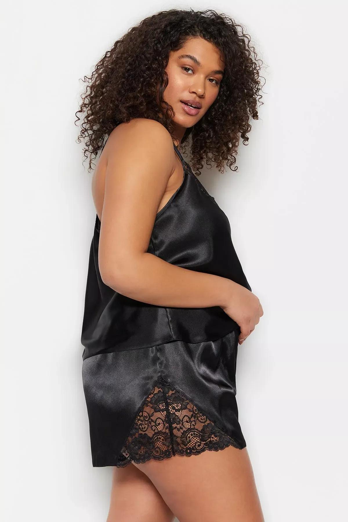 Black V-Neck Plus Size Pajama, Set Of 2, Black, large image number 1