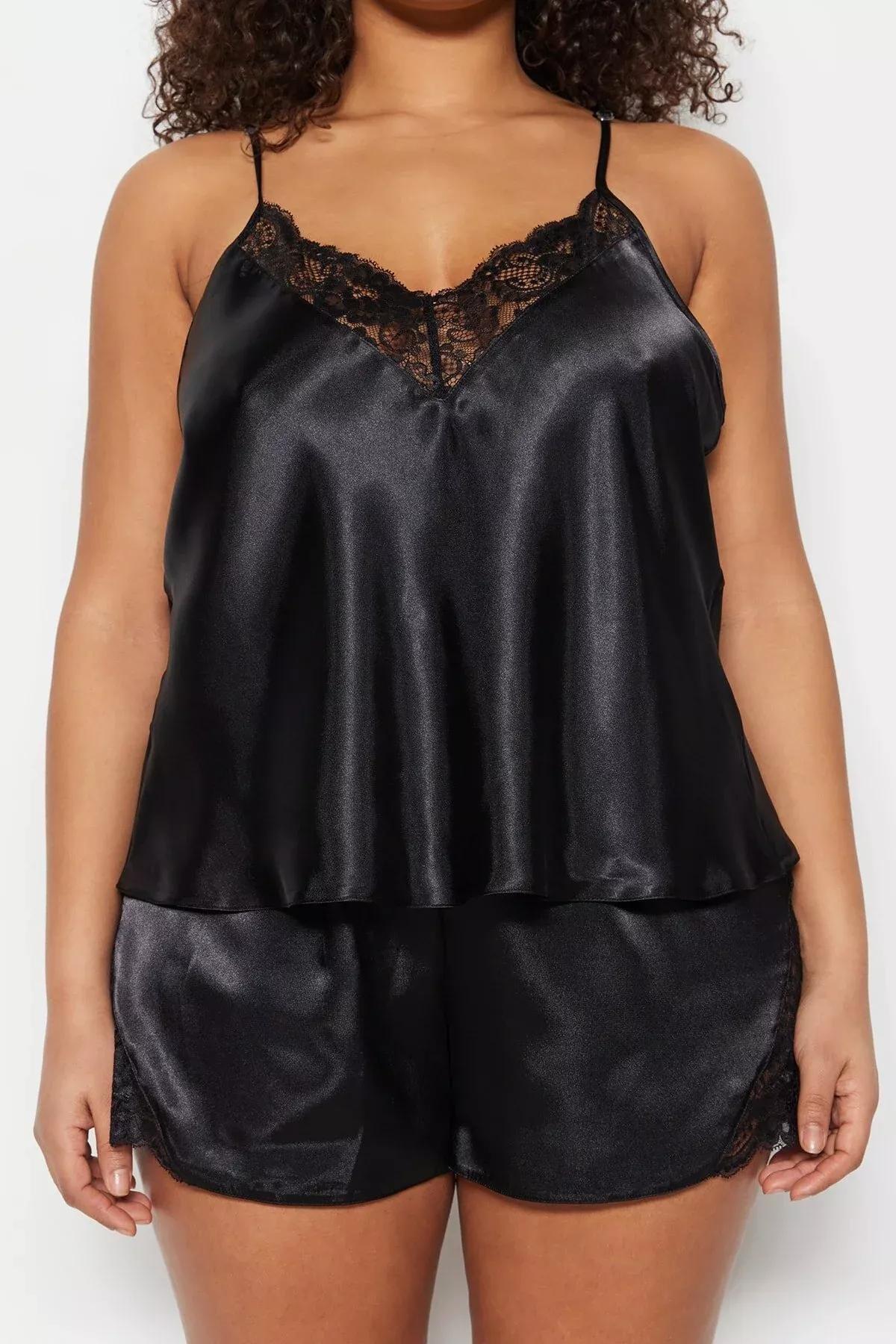 Black V-Neck Plus Size Pajama, Set Of 2, Black, large image number 2