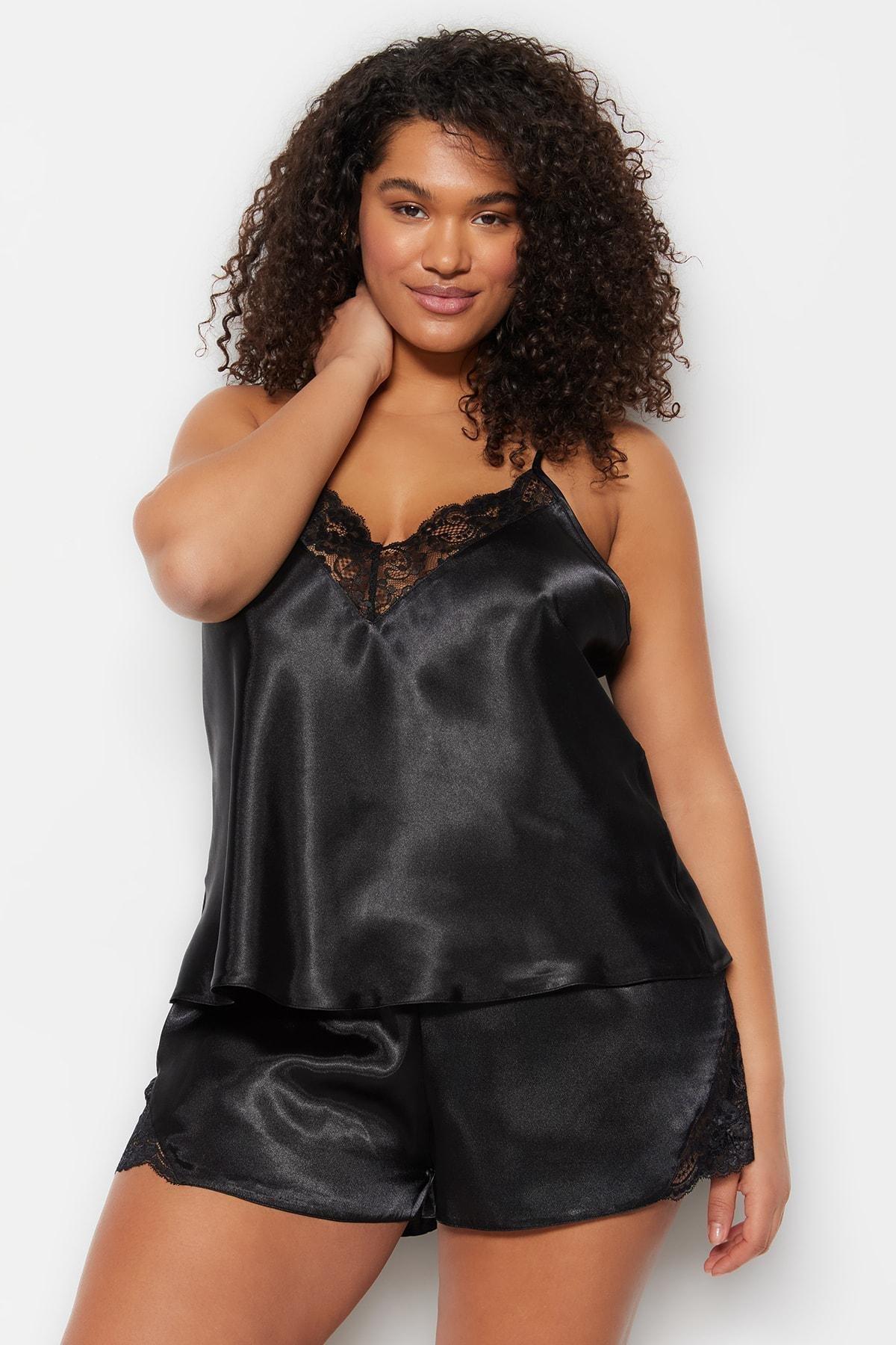 Trendyol - Black V-Neck Plus Size Pajama, Set Of 2