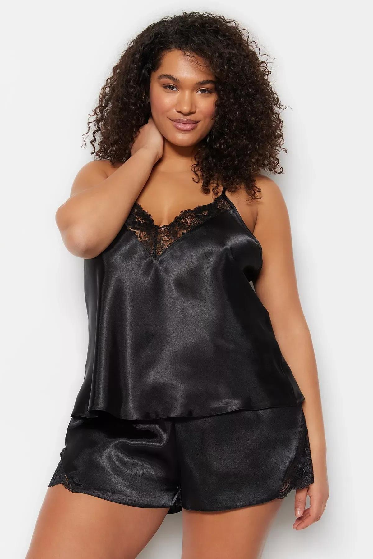 Black V-Neck Plus Size Pajama, Set Of 2, Black, large image number 4