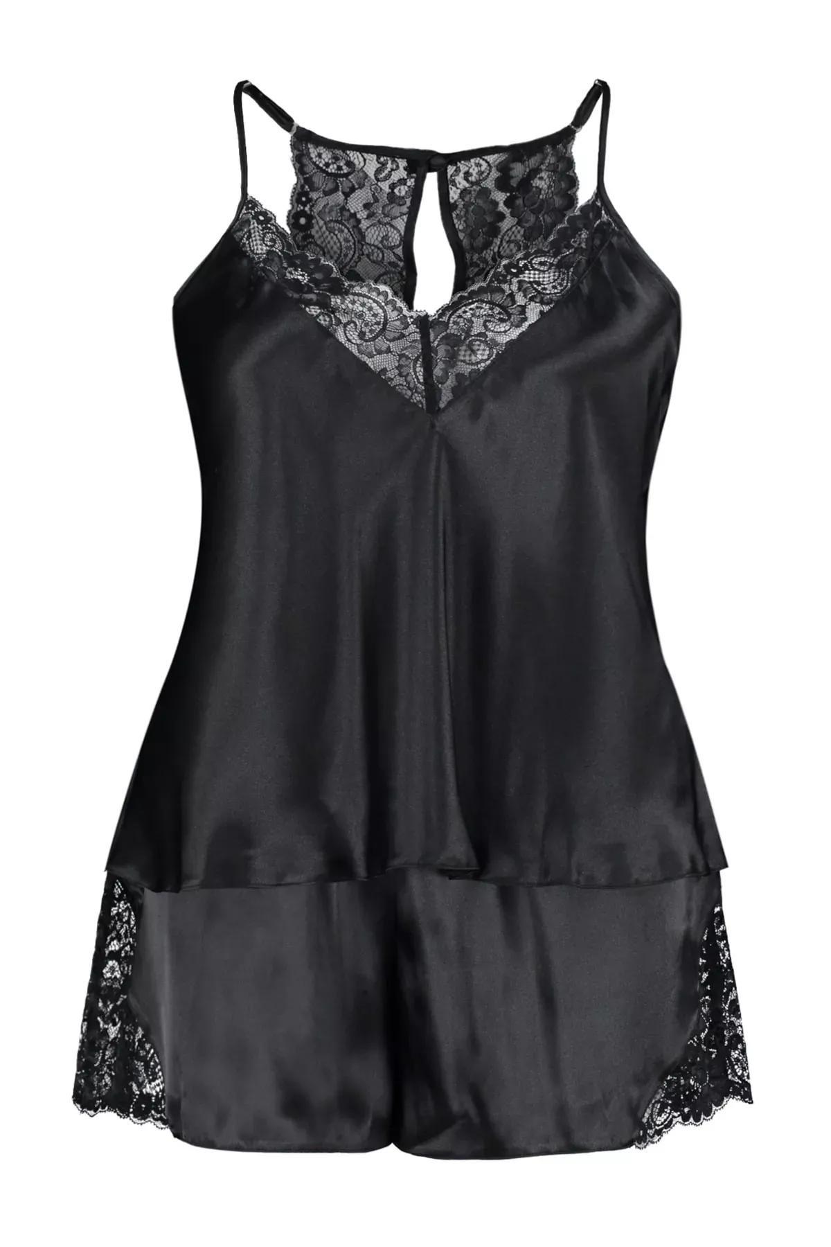 Black V-Neck Plus Size Pajama, Set Of 2, Black, large image number 5