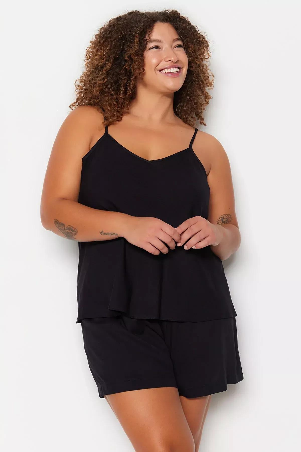 Black V-Neck Plus Size Pajama, Set Of 2, Black, large image number 0