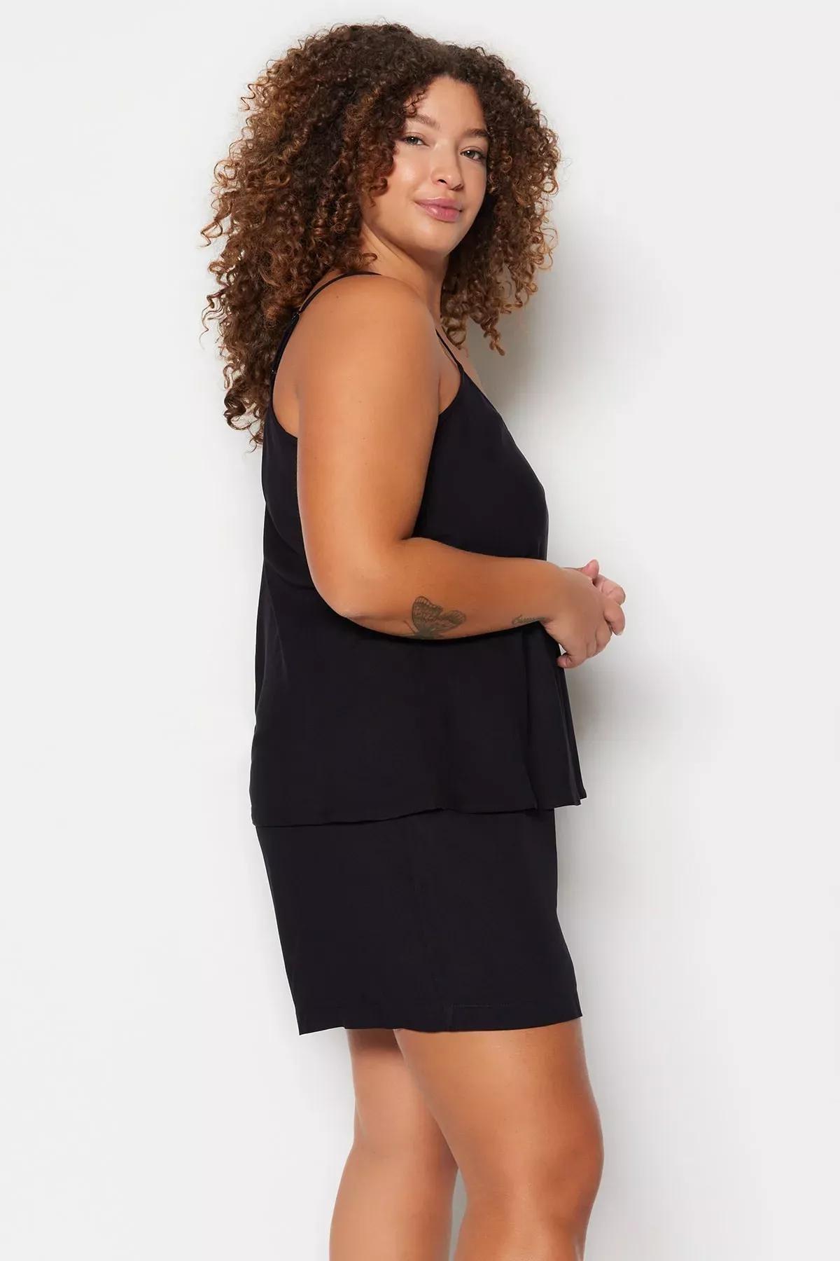 Black V-Neck Plus Size Pajama, Set Of 2, Black, large image number 2
