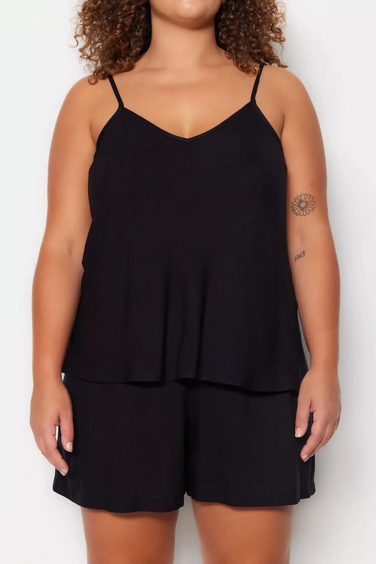 Black V-Neck Plus Size Pajama, Set Of 2, Black, large image number 3