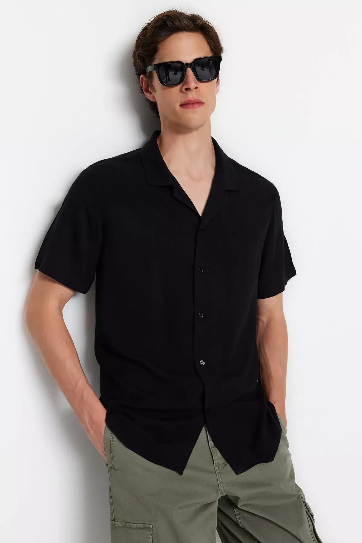 Black Viscose Collared Shirt, Black, large image number 0