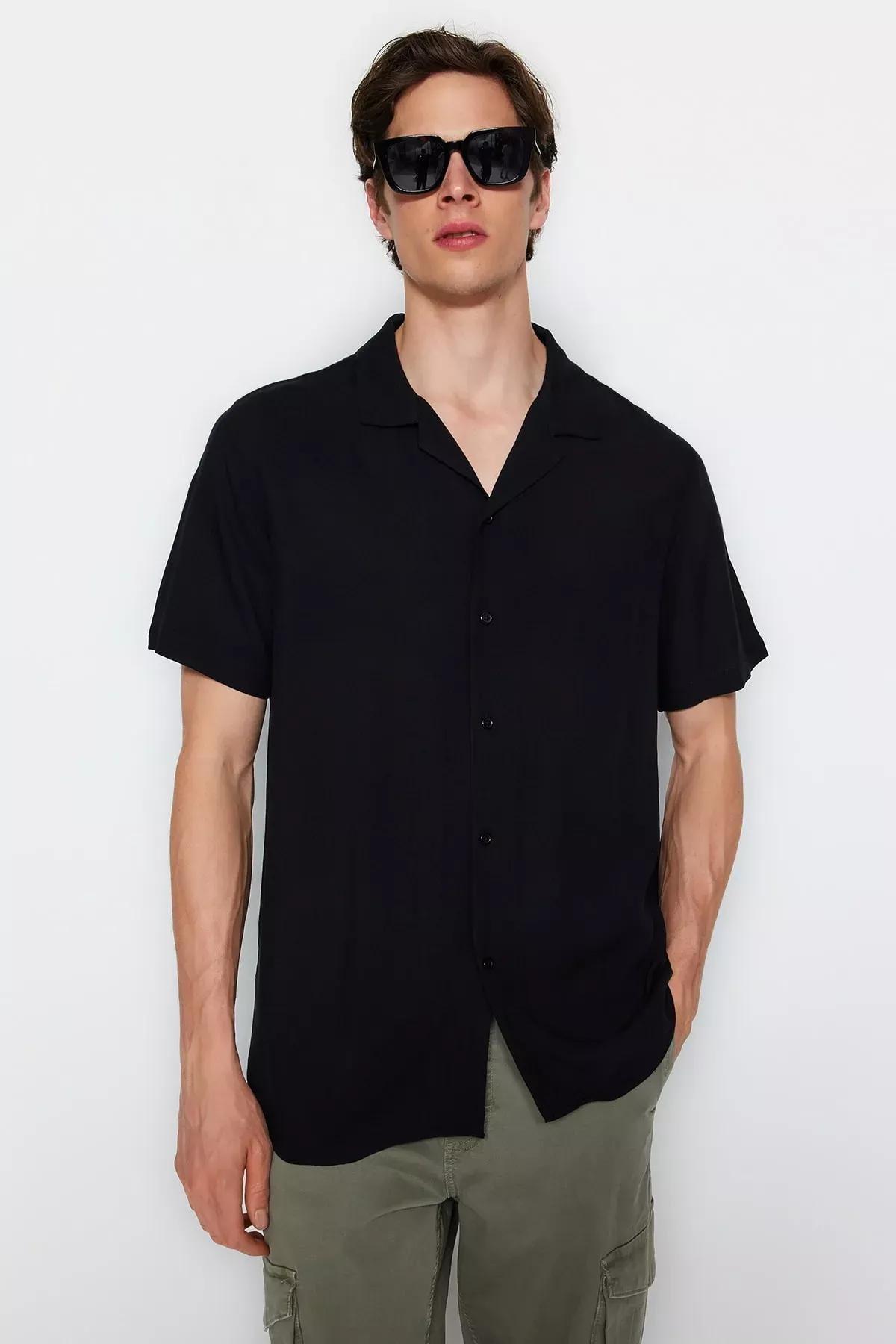 Black Viscose Collared Shirt, Black, large image number 1