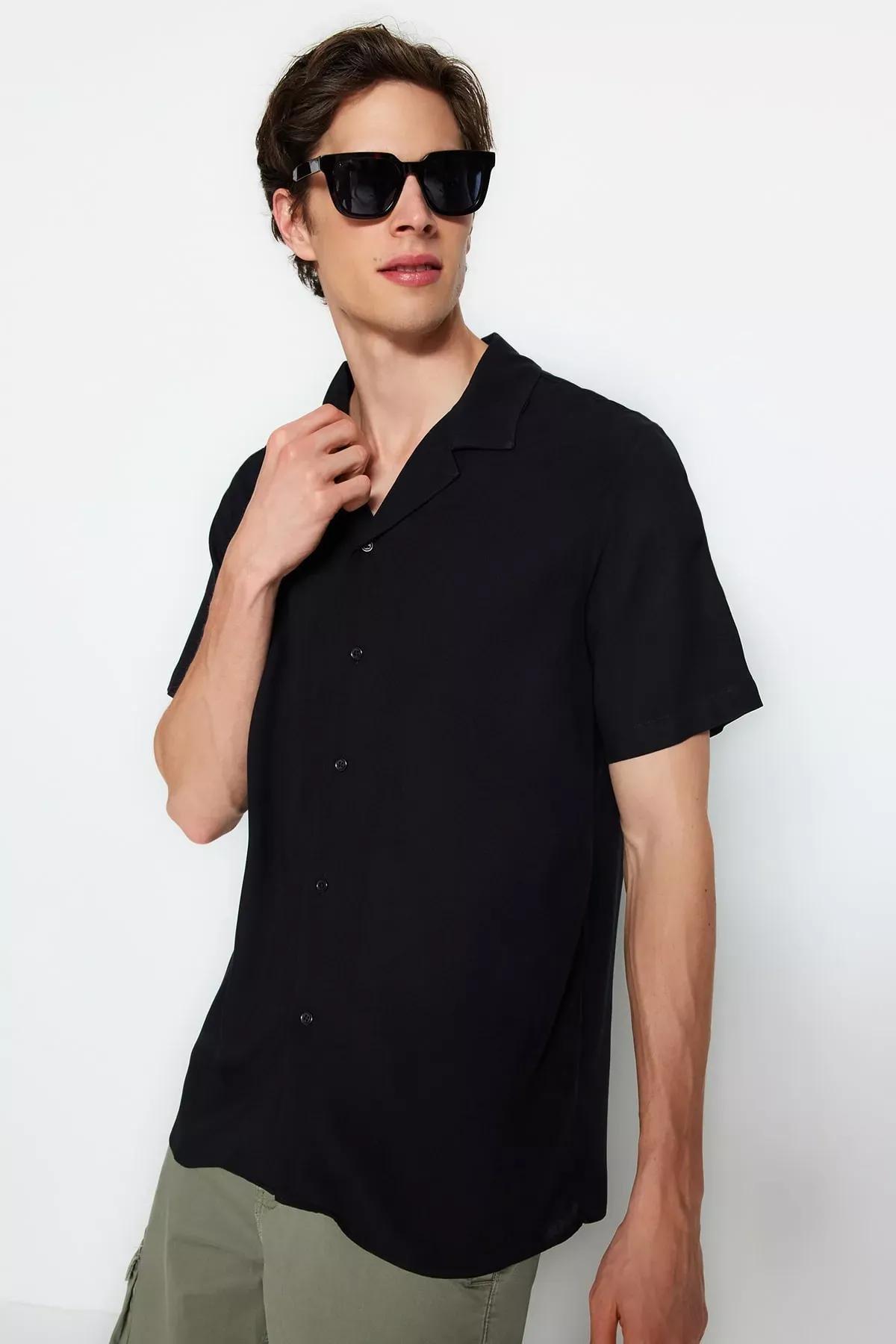 Black Viscose Collared Shirt, Black, large image number 2