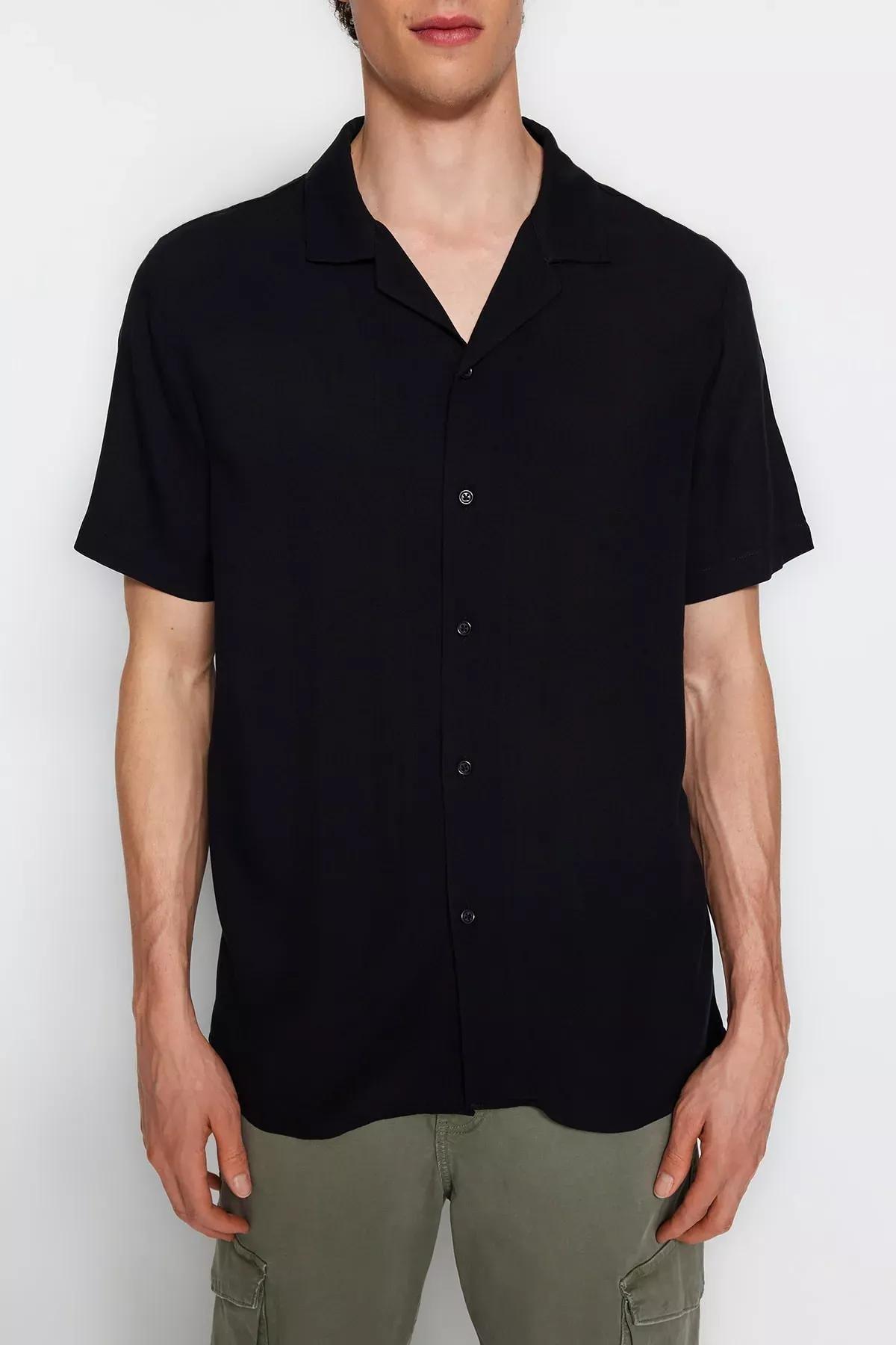 Black Viscose Collared Shirt, Black, large image number 3