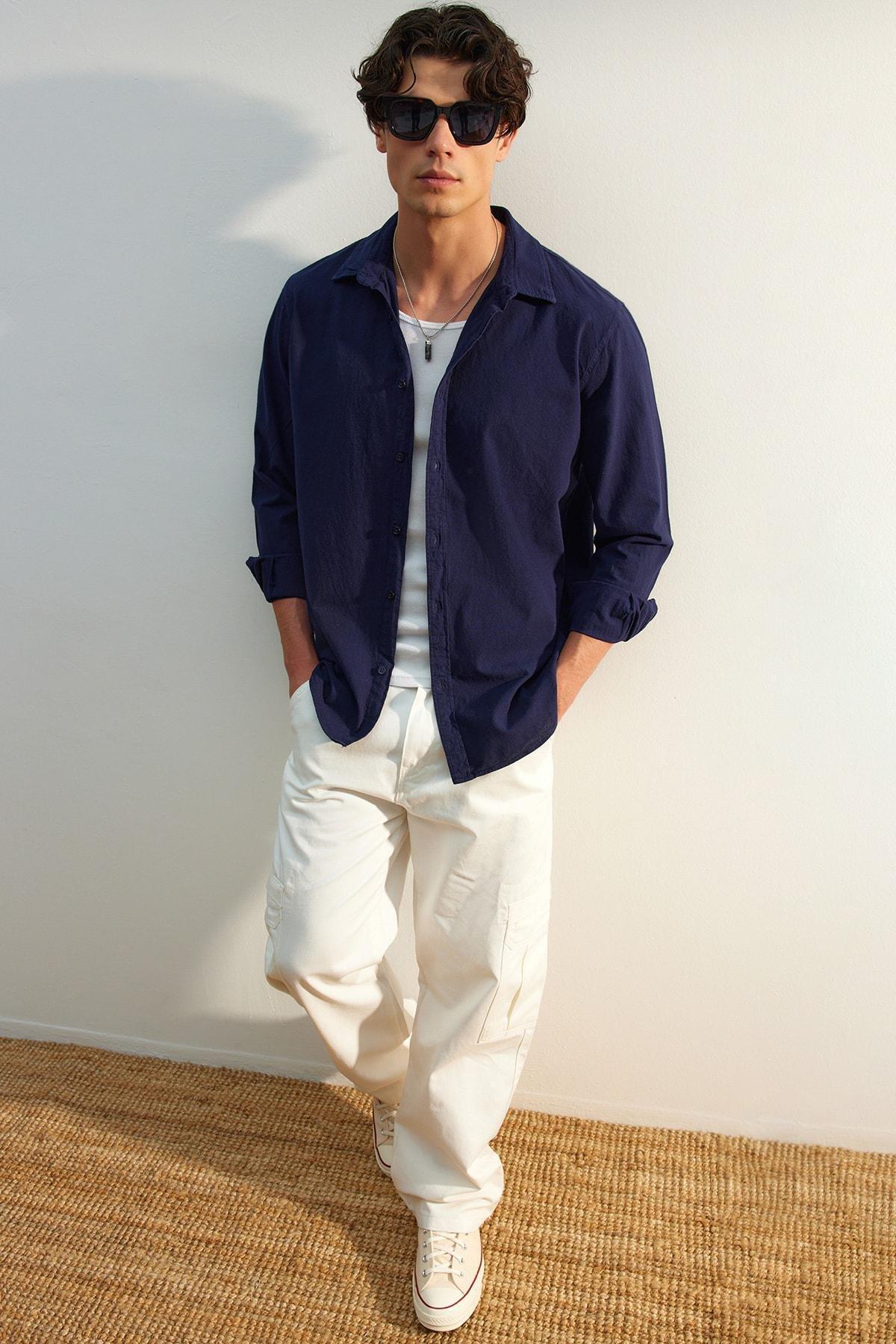 Navy Cotton Collared Shirt, , large image number 0
