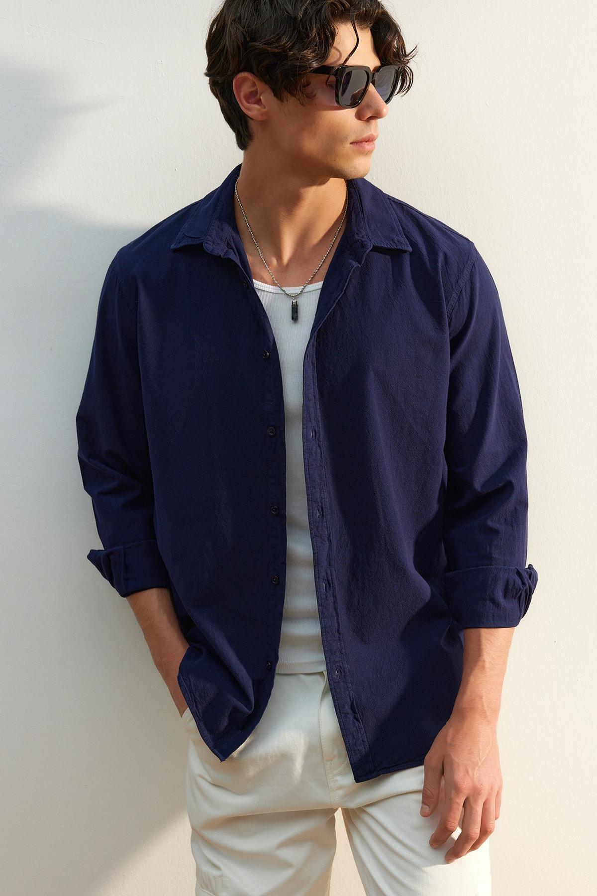 Navy Cotton Collared Shirt, , large image number 2