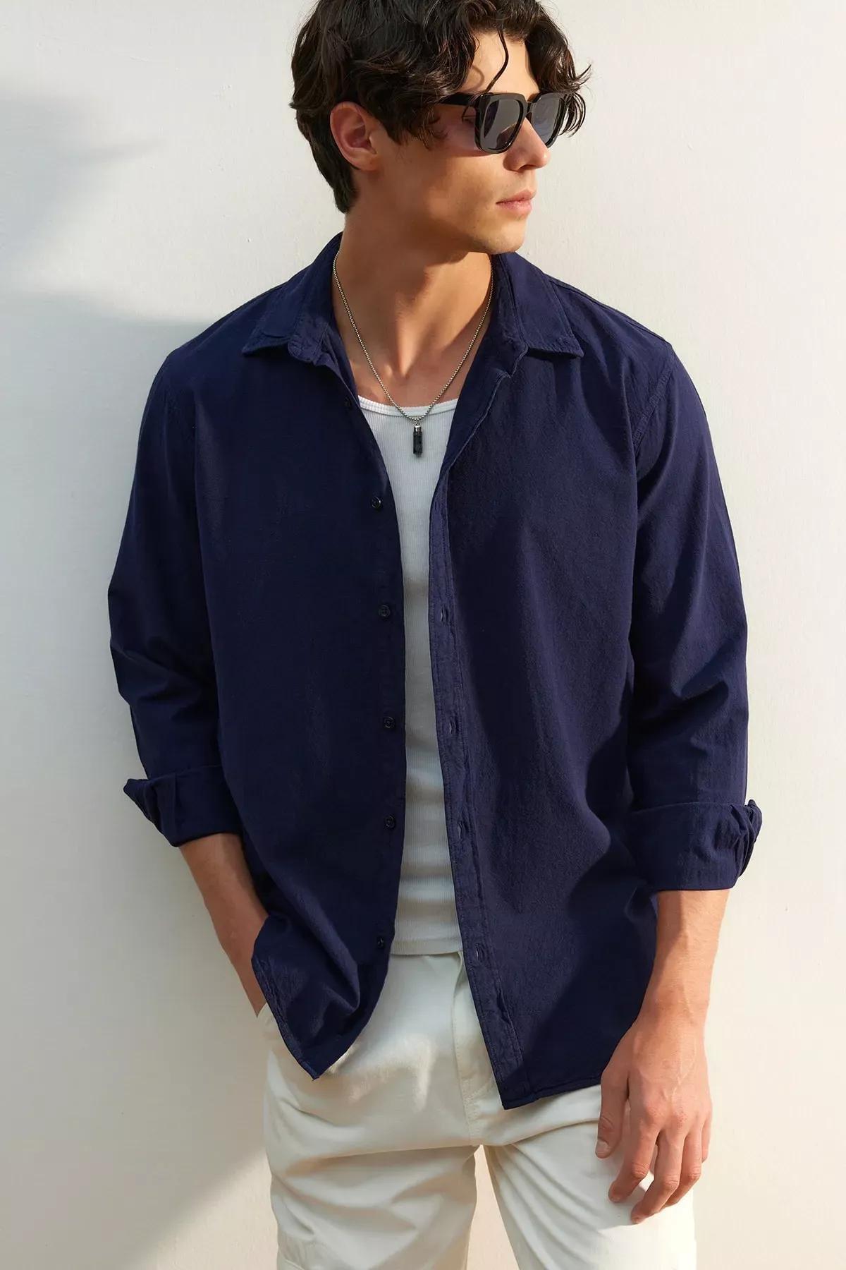 Navy Cotton Collared Shirt, Dark blue, large image number 2