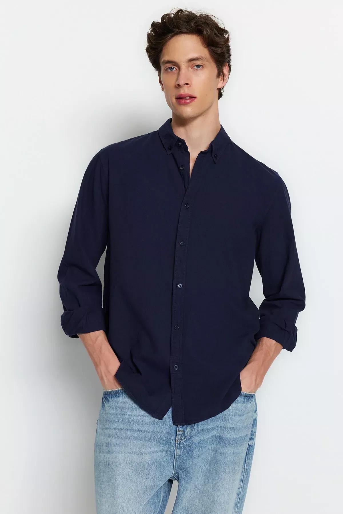 Navy Cotton Collared Shirt, Dark blue, large image number 3