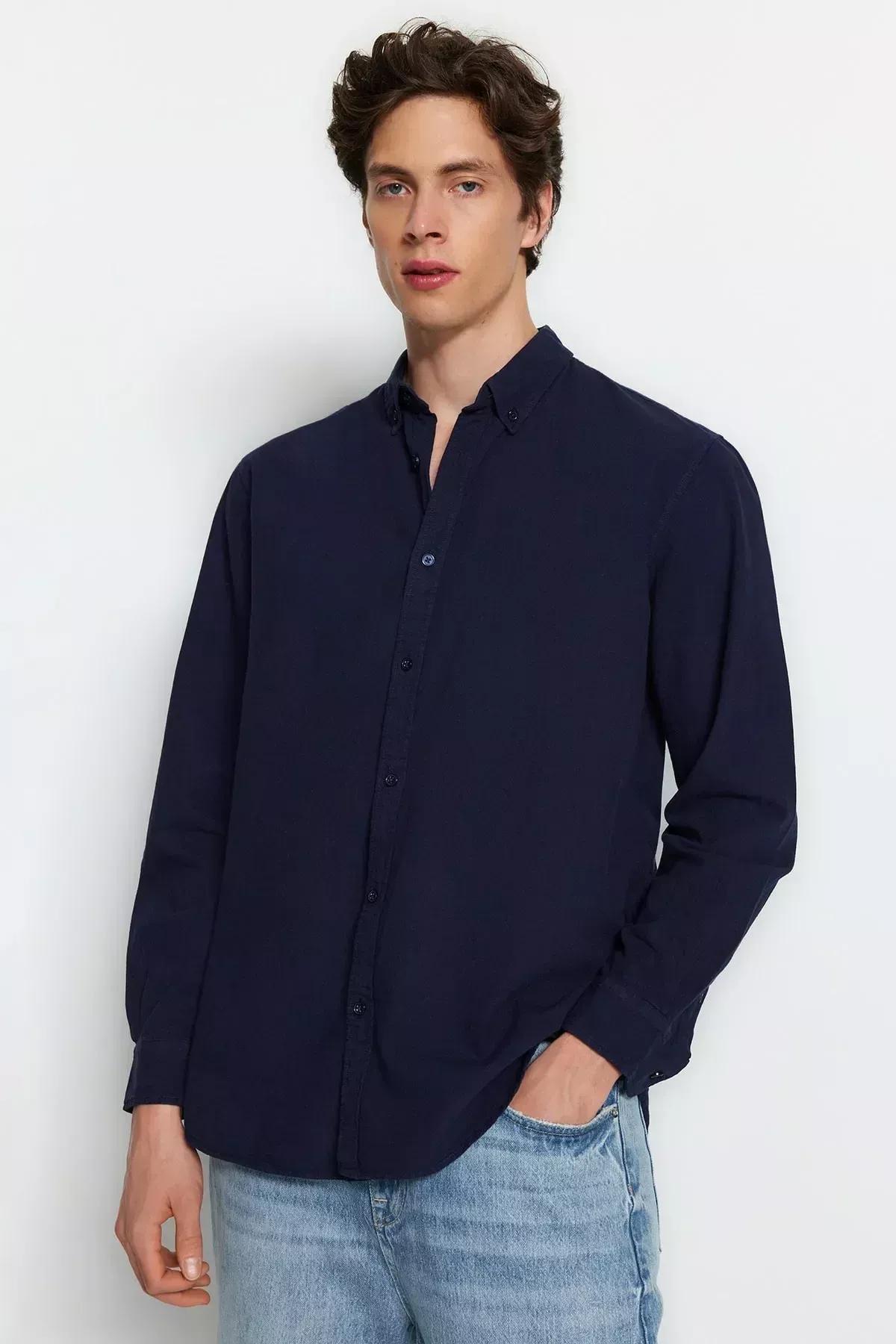Navy Cotton Collared Shirt, Dark blue, large image number 4