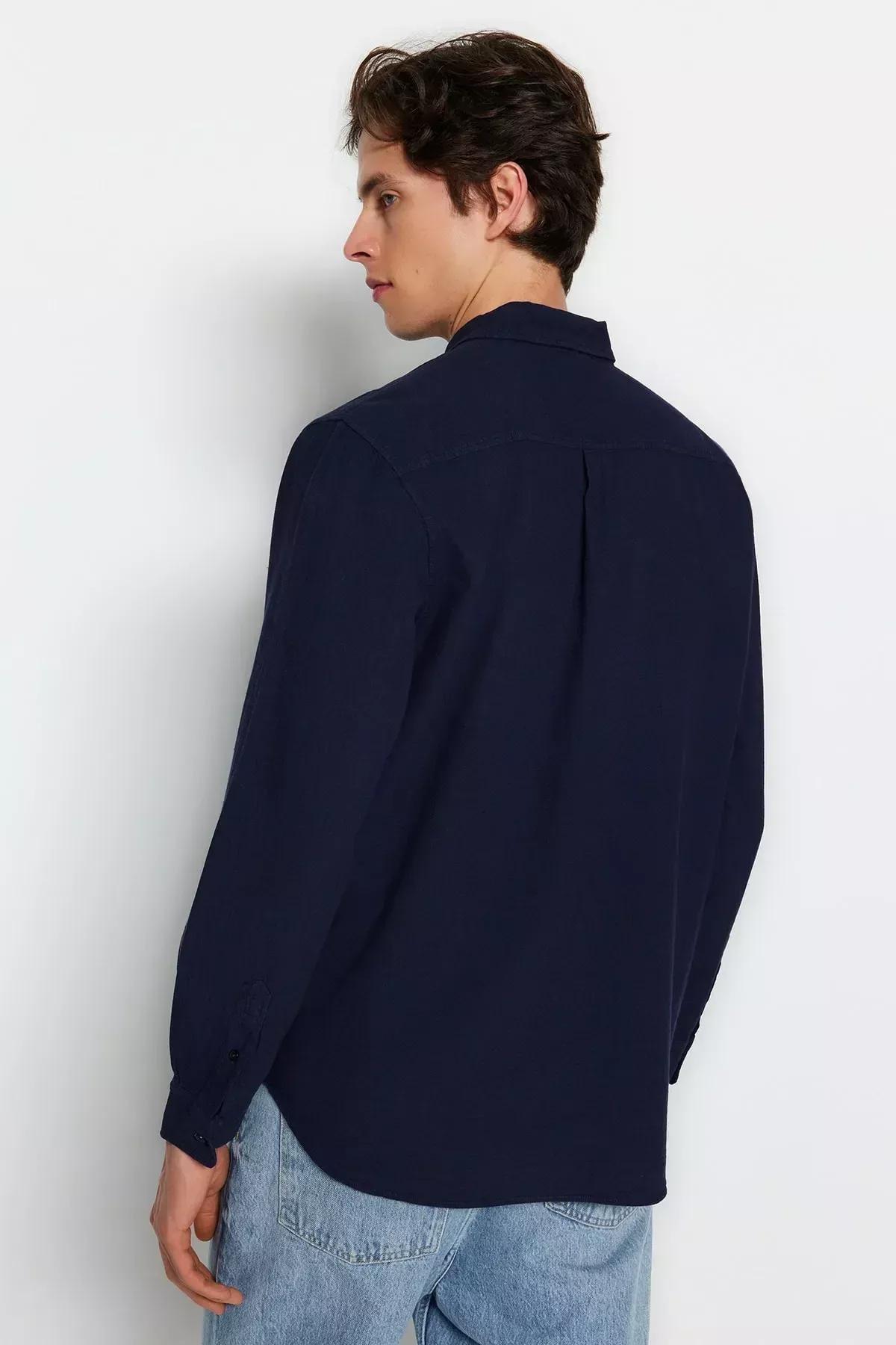 Navy Cotton Collared Shirt, Dark blue, large image number 5