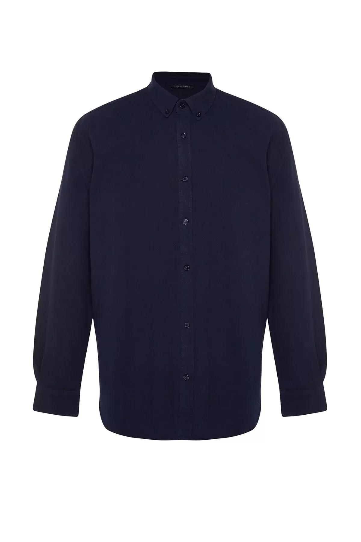 Navy Cotton Collared Shirt, Dark blue, large image number 8