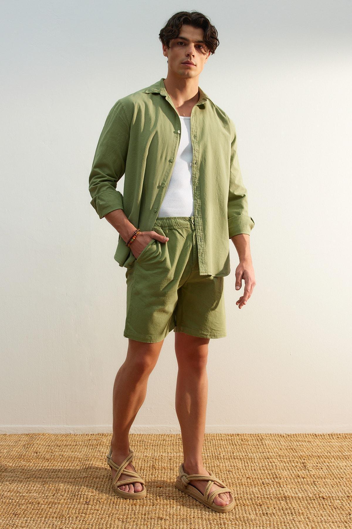 Khaki Loose Mid Waist Shorts, , medium