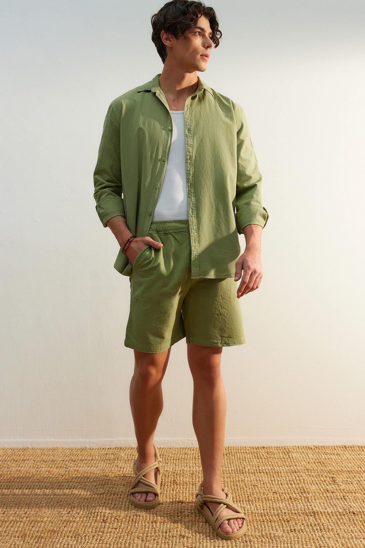 Khaki Loose Mid Waist Shorts, , large image number 1