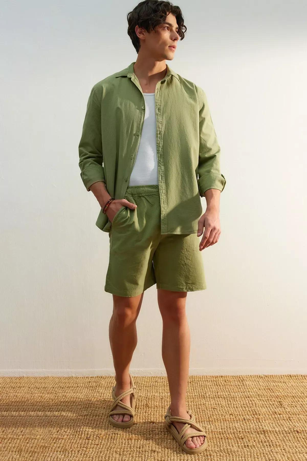 Khaki Loose Mid Waist Shorts, , large image number 1