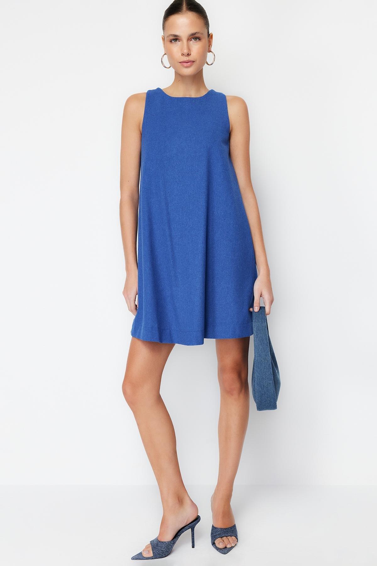 Navy Linen Sleeveless Woven Mini Dress, , large image number 0