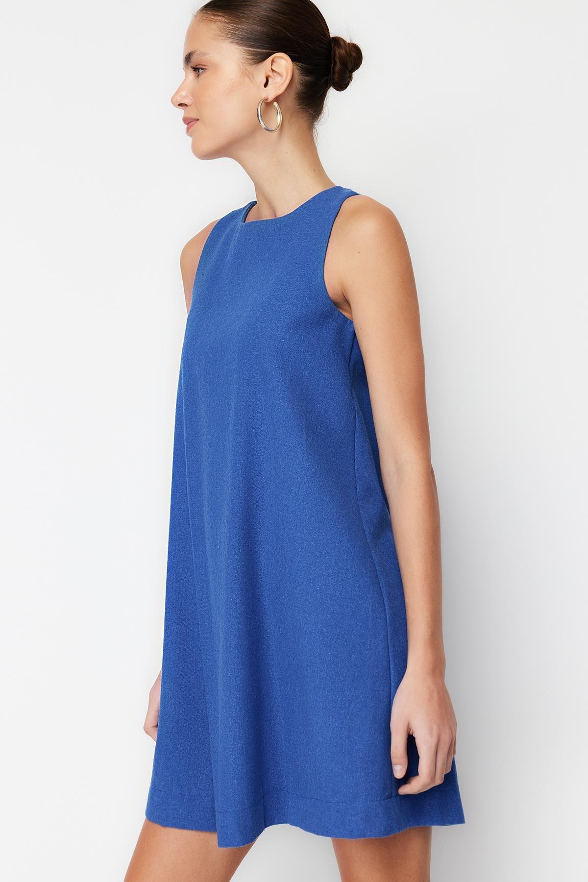 Navy Linen Sleeveless Woven Mini Dress, , large image number 2