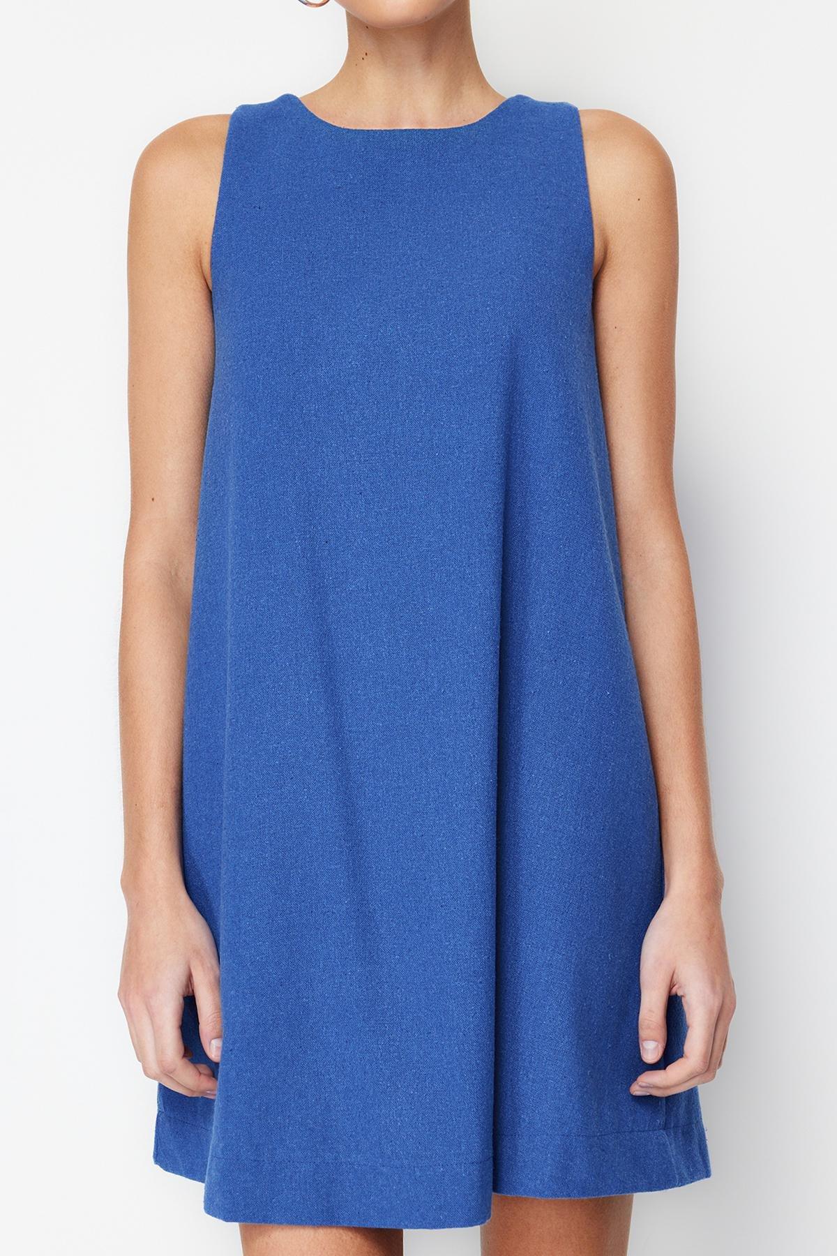 Navy Linen Sleeveless Woven Mini Dress, , large image number 4
