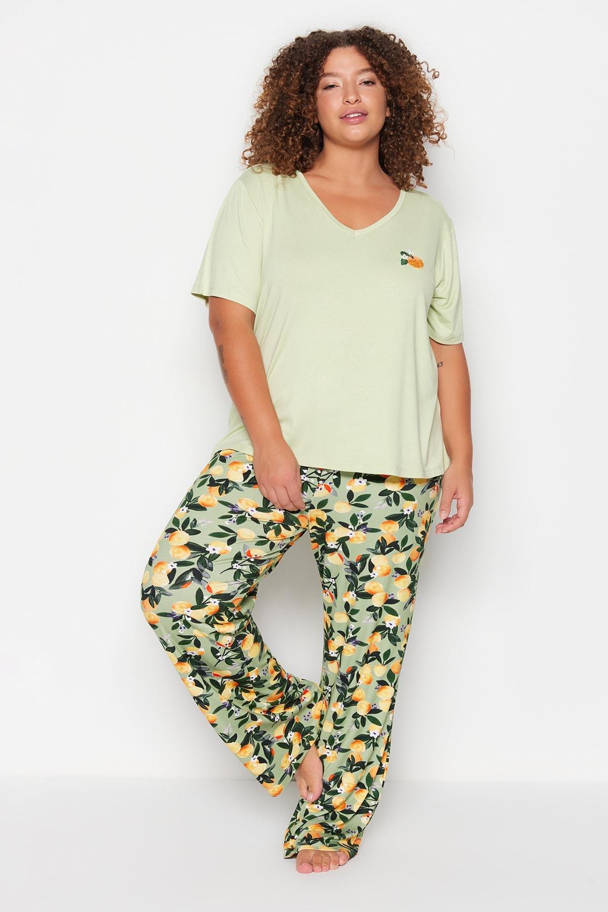 Green Crew Neck Plus Size Pyjama Set, Green, large image number 4