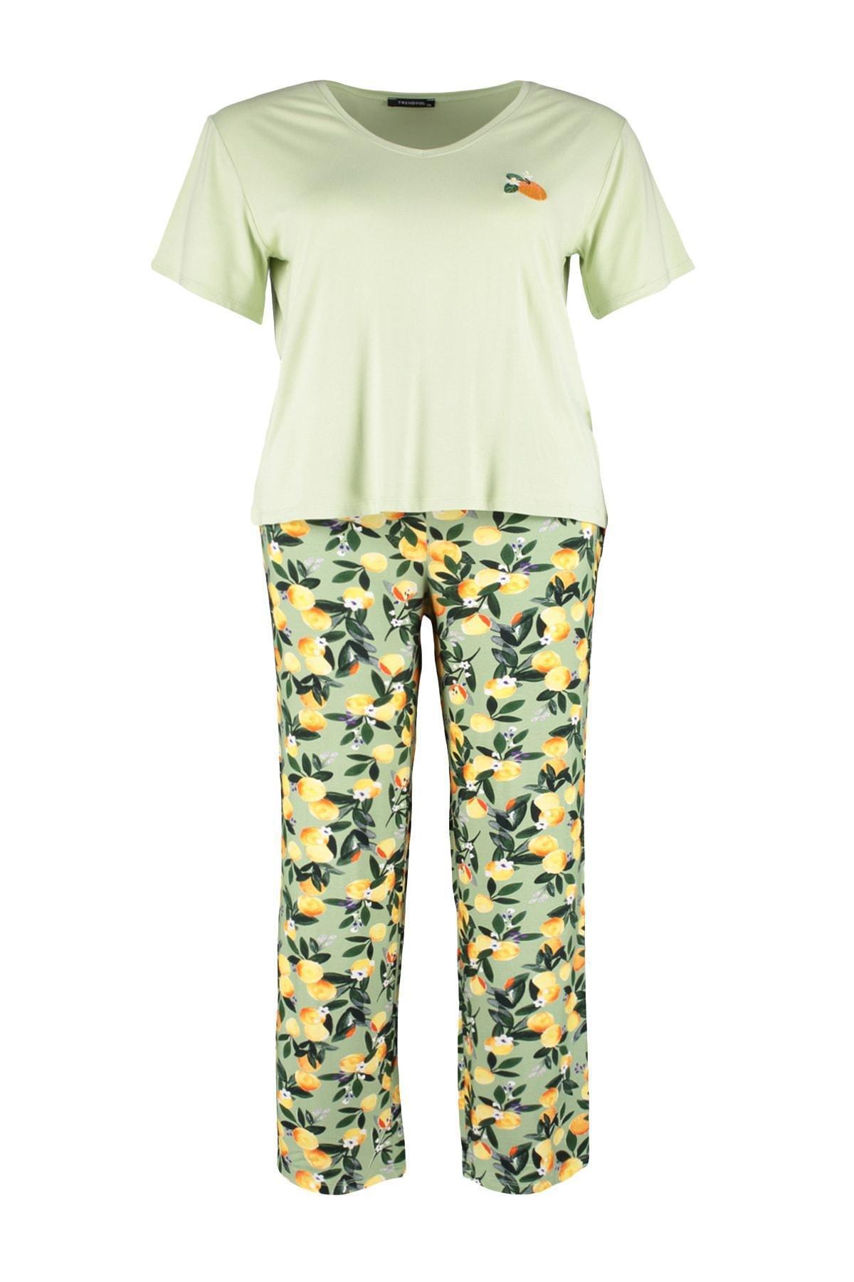 Green Crew Neck Plus Size Pyjama Set, Green, large image number 6