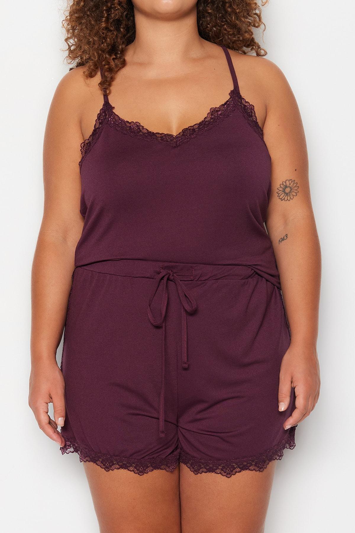 Burgundy V-Neck Plus Size Pajama Set, , large image number 2