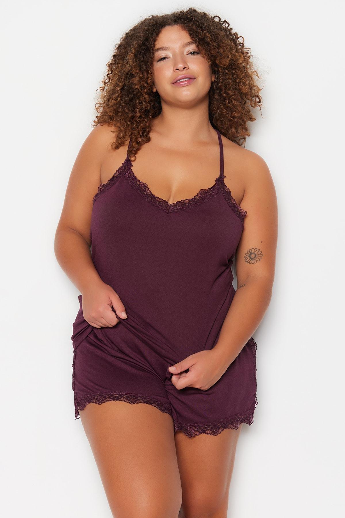 Burgundy V-Neck Plus Size Pajama Set, , large image number 4