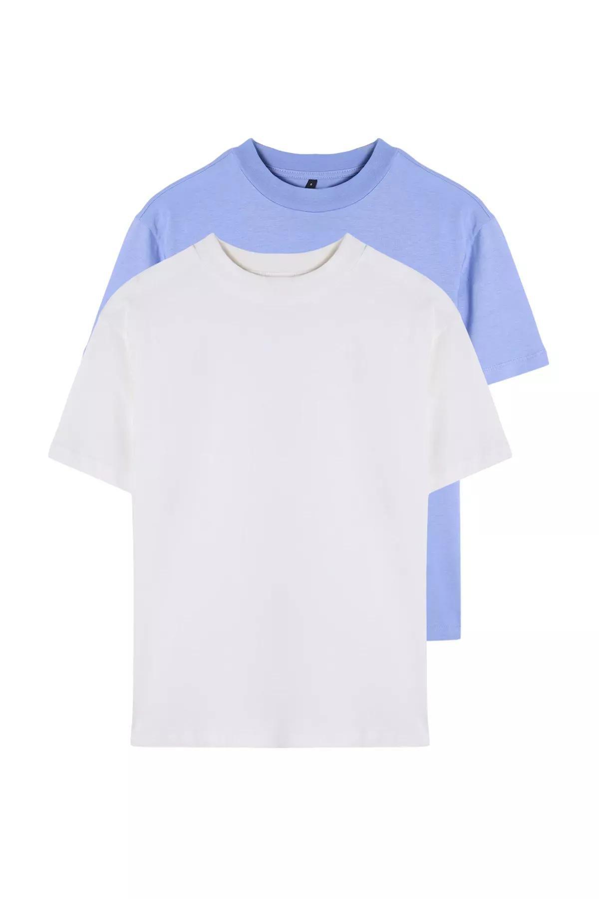 Beige-Blue Stand Collar T-Shirts, set of 2, , large image number 0