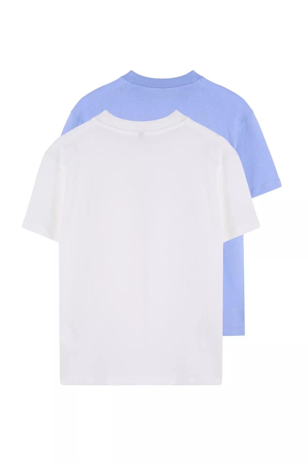 Beige-Blue Stand Collar T-Shirts, set of 2, , large image number 1