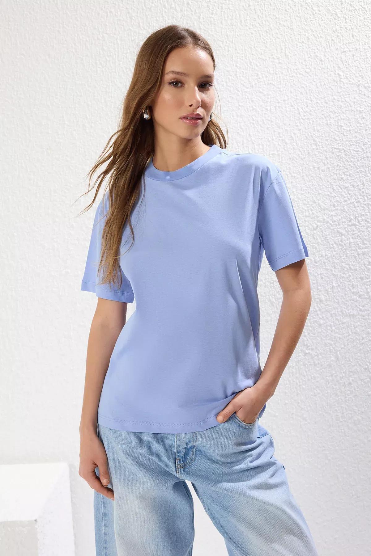 Beige-Blue Stand Collar T-Shirts, set of 2, Ecru-Blue, large image number 6