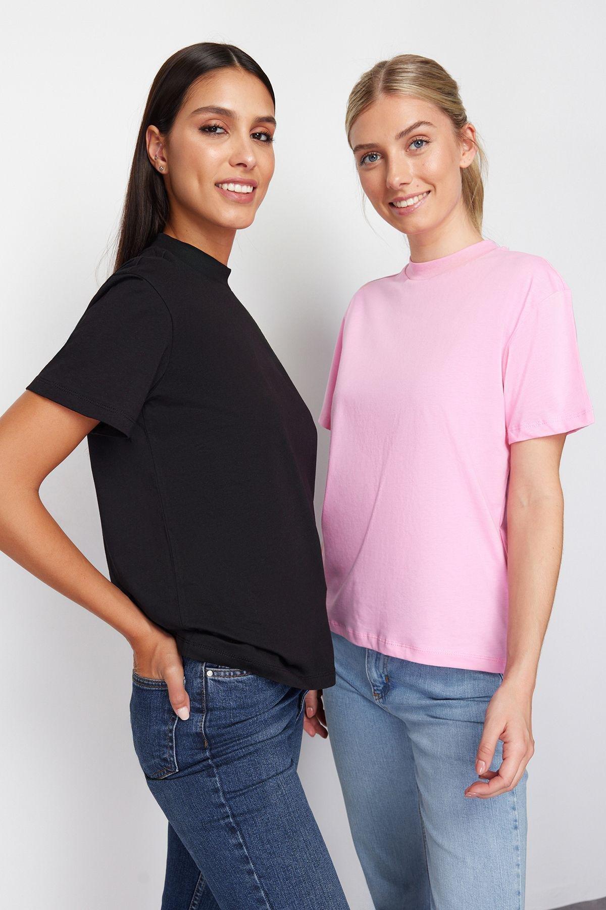 Pink-Black High Neck T-Shirts, set of 2, , large image number 0