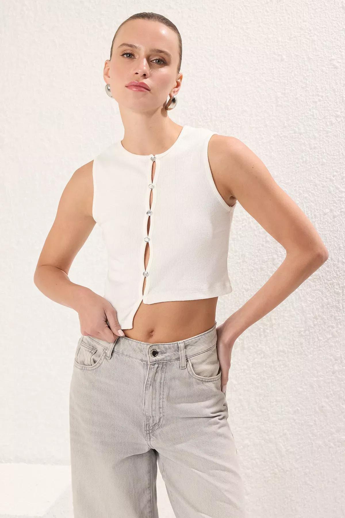 Cream Asymmetrical Ribbed Crop Knit Blouse, , large image number 1