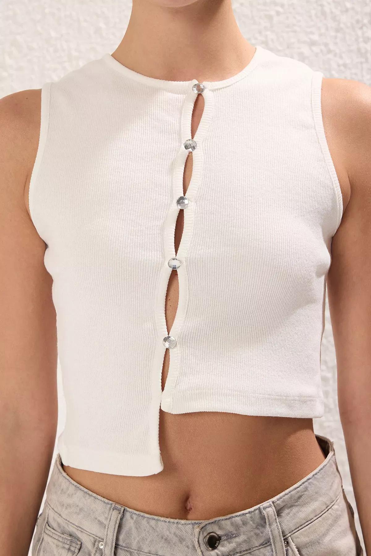 Cream Asymmetrical Ribbed Crop Knit Blouse, , large image number 2