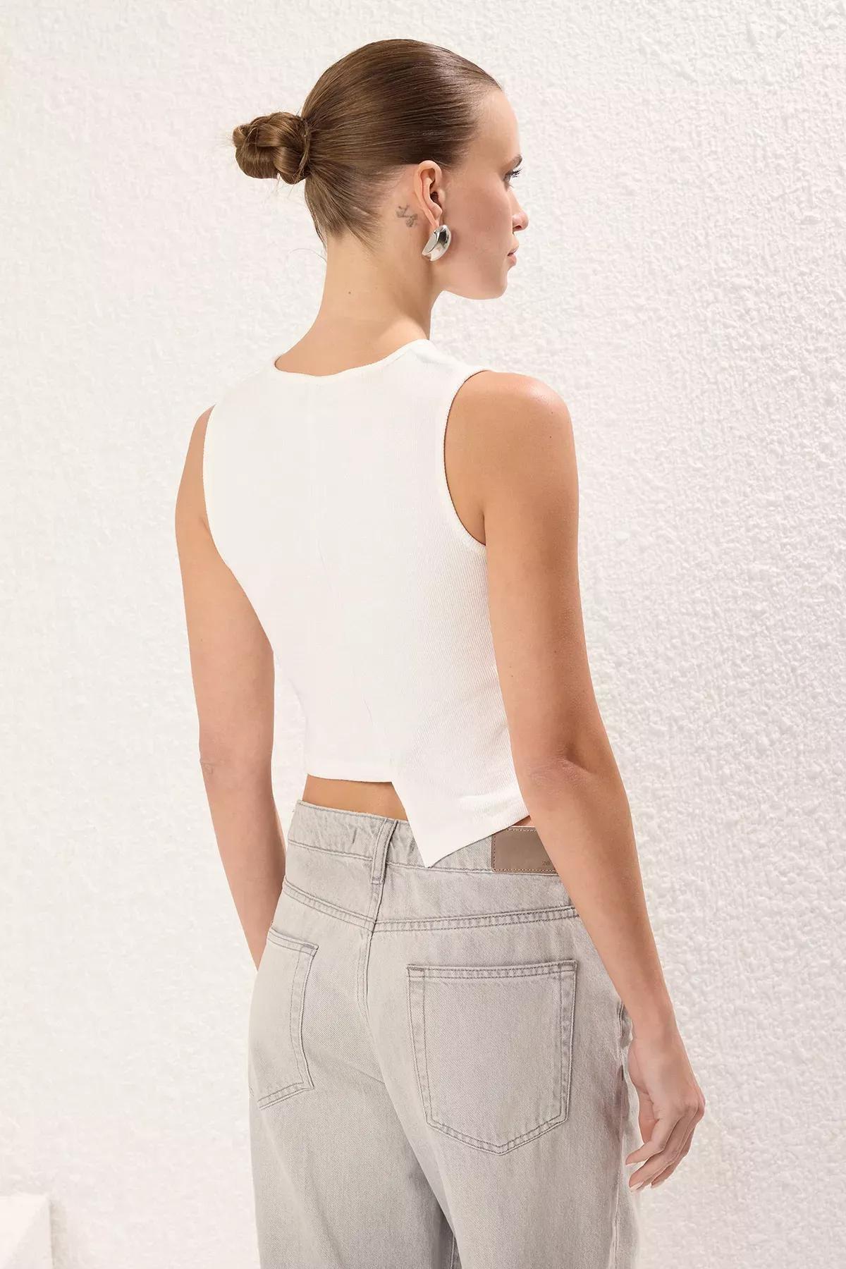 Cream Asymmetrical Ribbed Crop Knit Blouse, , large image number 3
