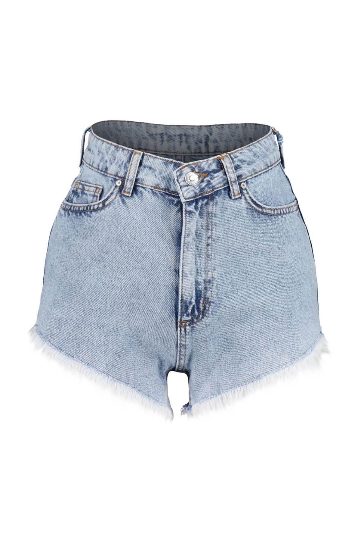 Blue High Waist Straight Shorts, , large image number 5