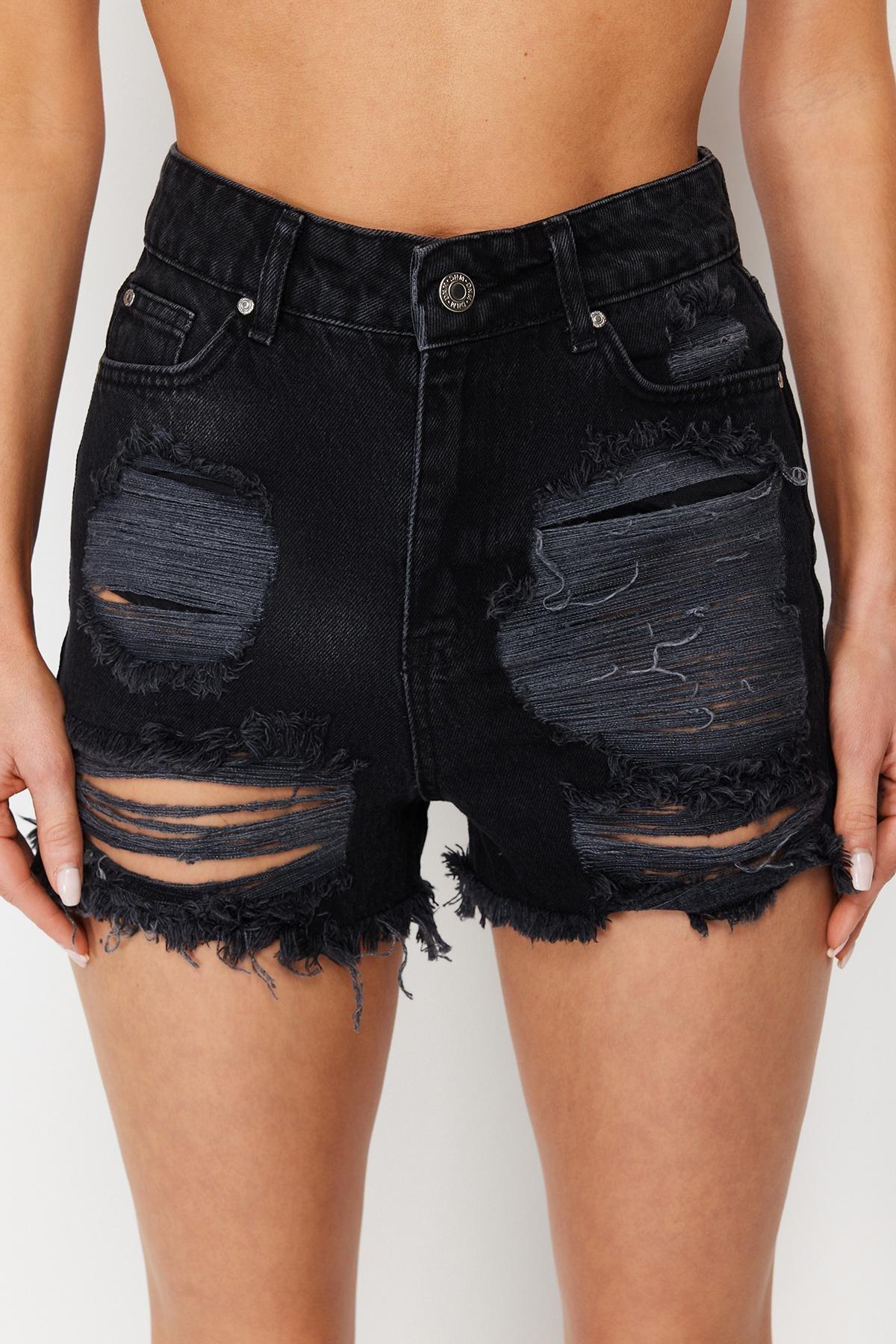 Black Ripped Denim Cotton Shorts, , large image number 3