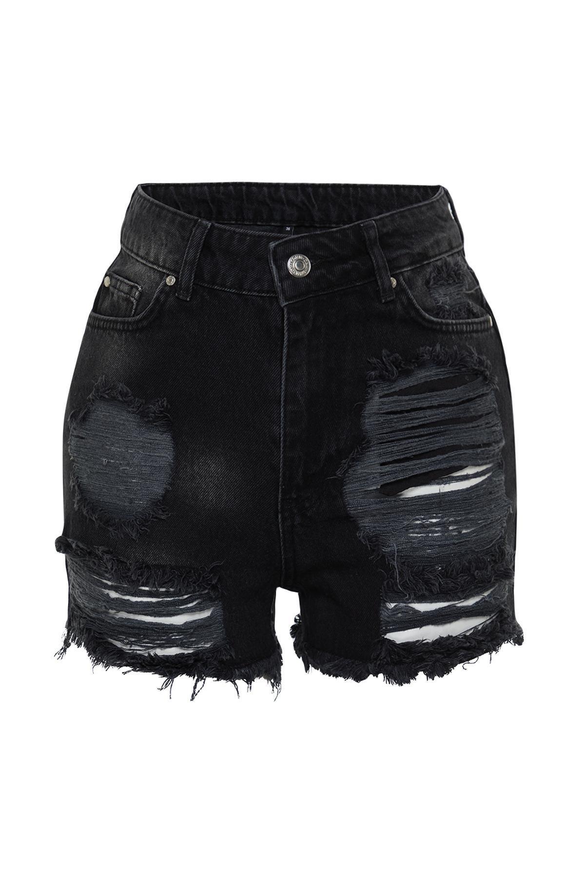 Black Ripped Denim Cotton Shorts, , large image number 5