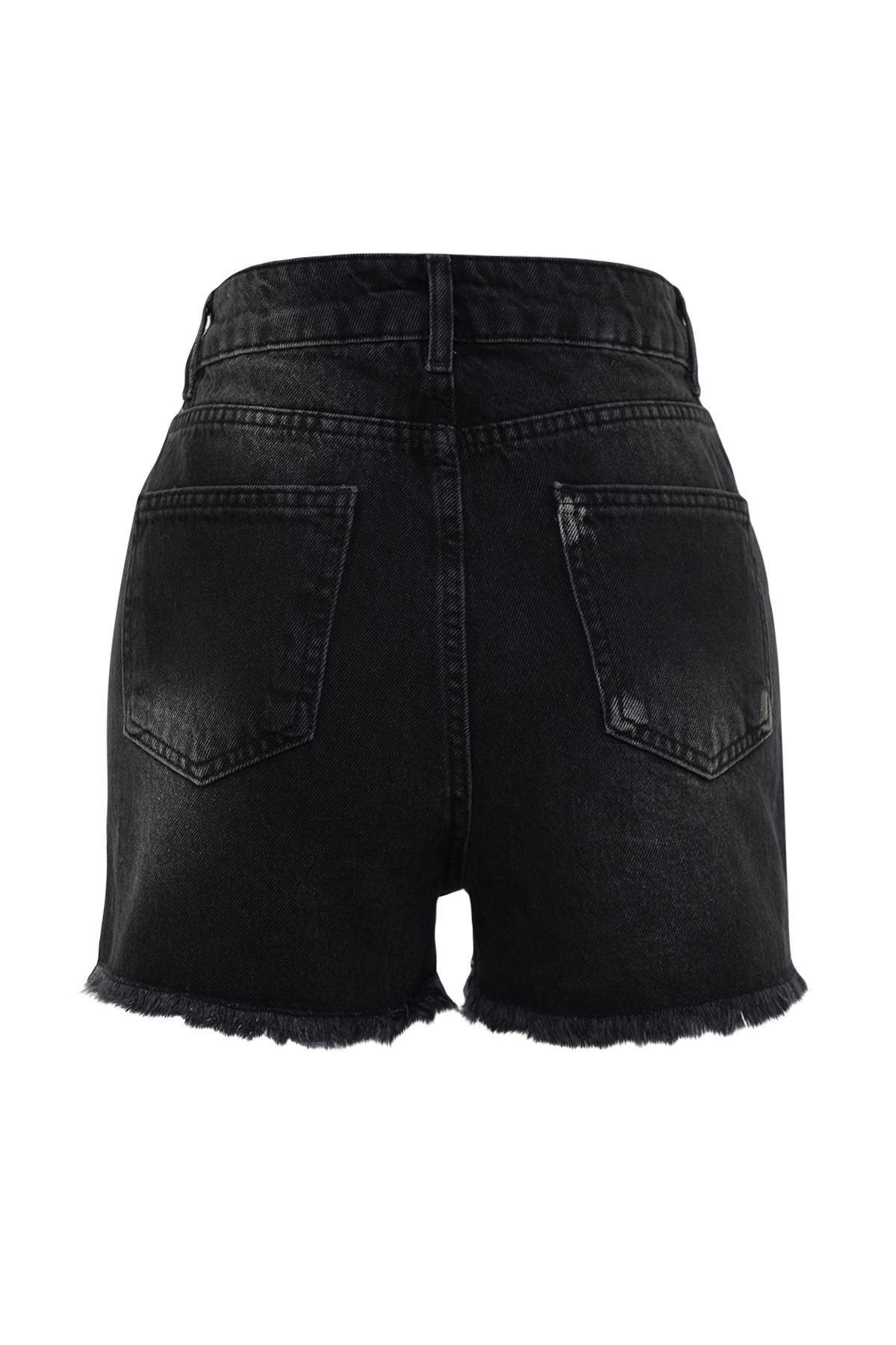 Black Ripped Denim Cotton Shorts, , large image number 7