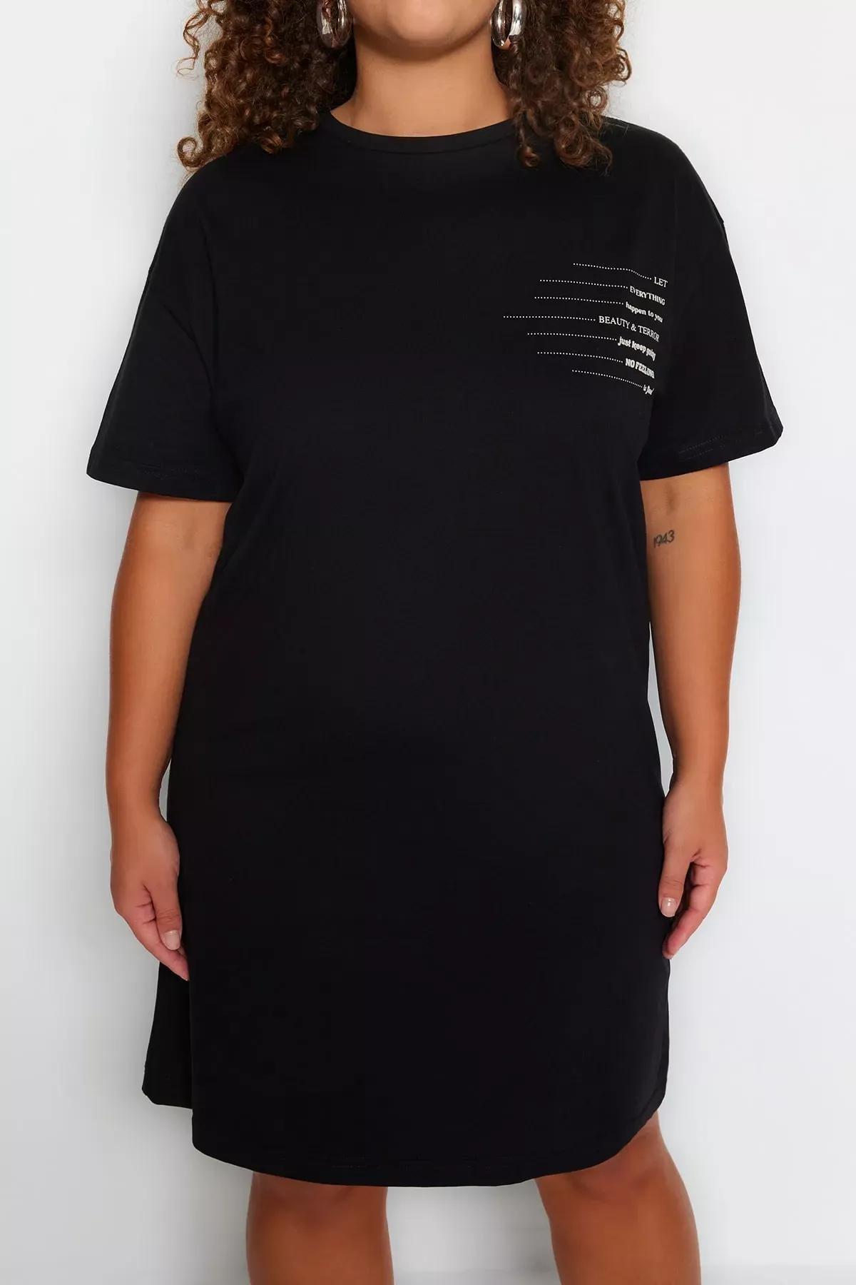 Black Printed Plus Size Dress, Black, large image number 3