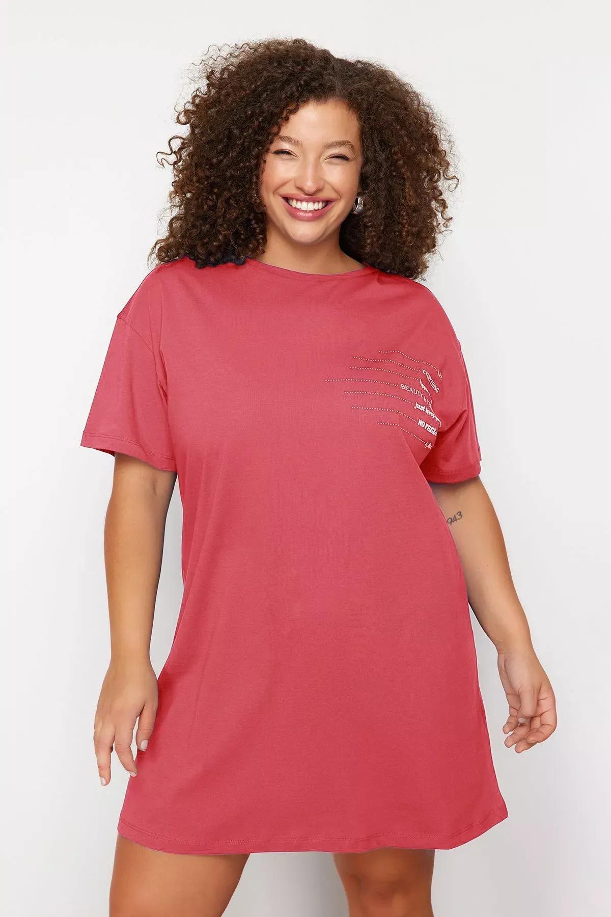 Pink Slogan Cotton T-Shirt Dress, C101_7329, large image number 1