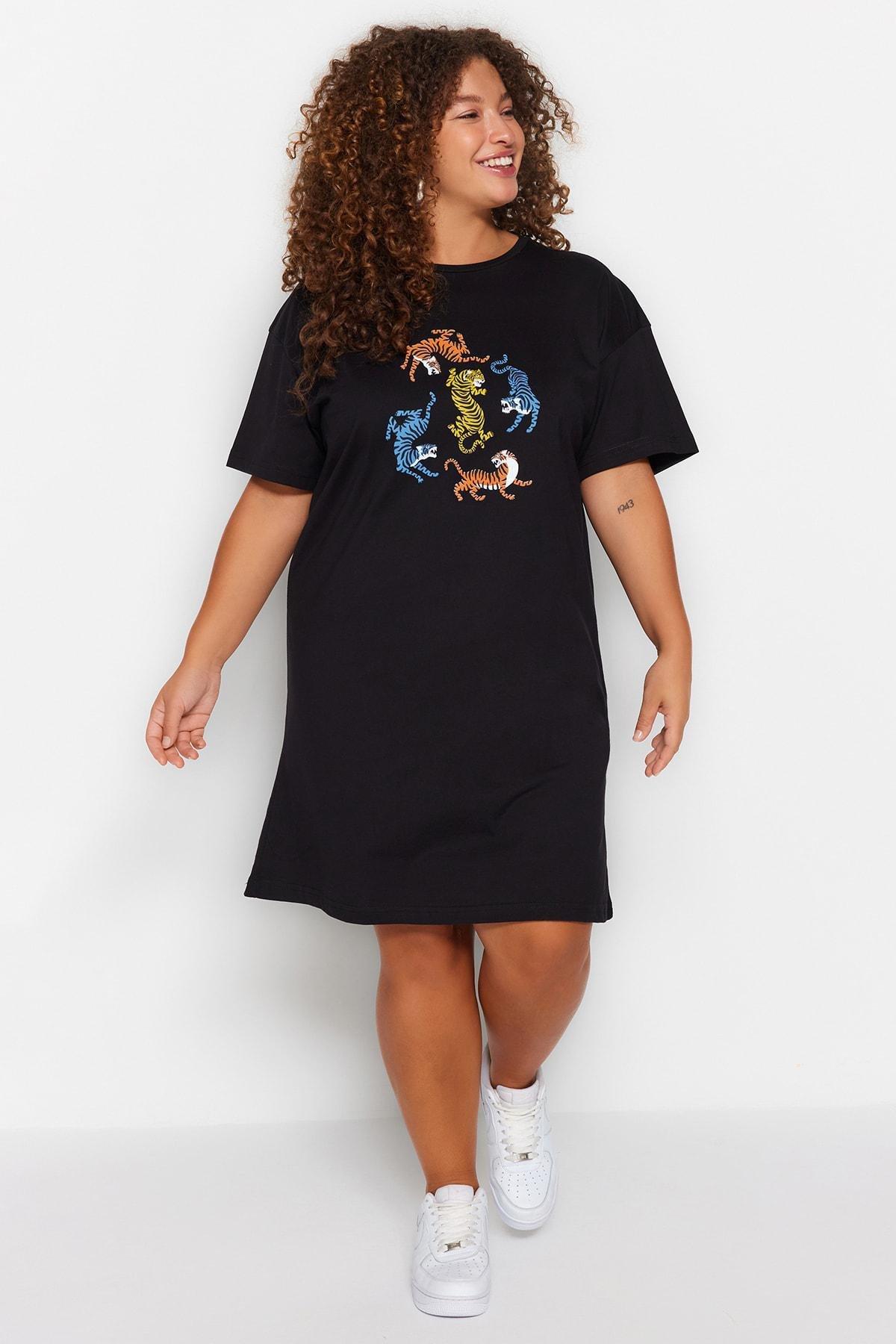 Black Printed Plus Size Dress, , large image number 0