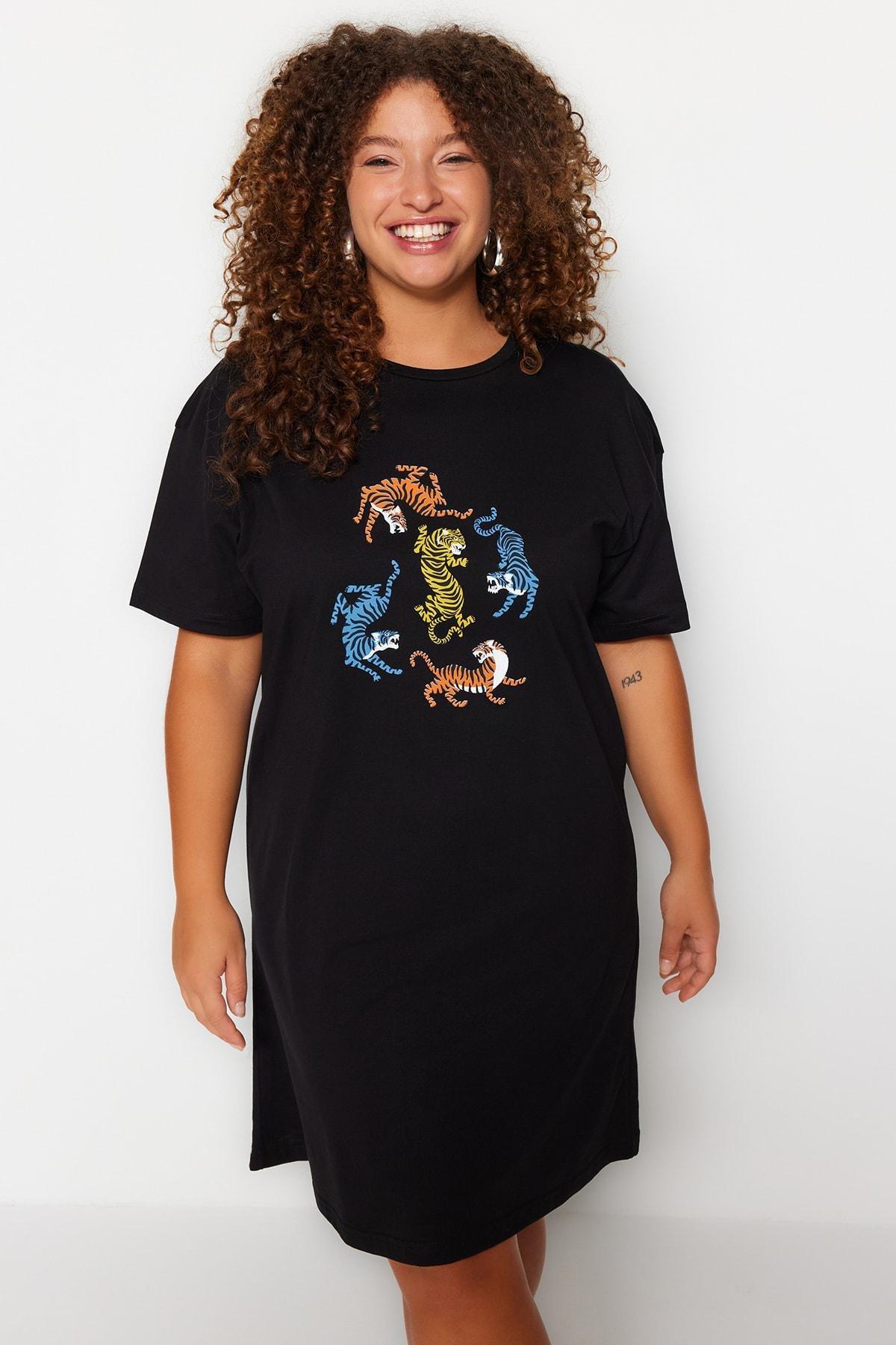 Black Printed Plus Size Dress, , large image number 1