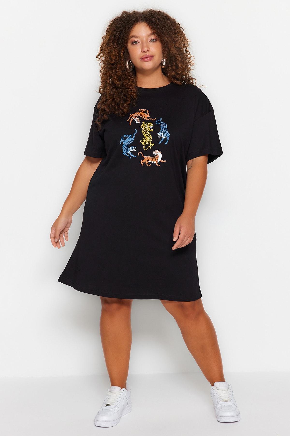 Black Printed Plus Size Dress, , large image number 4
