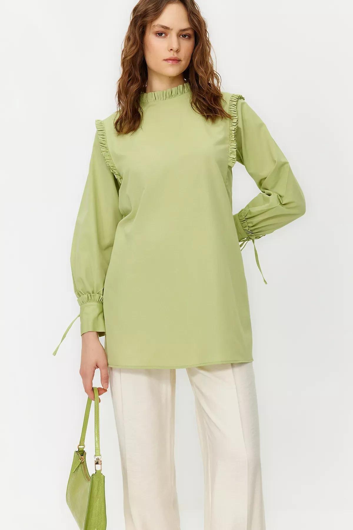 Green Ruffle Woven Cotton Tunic, Green, medium
