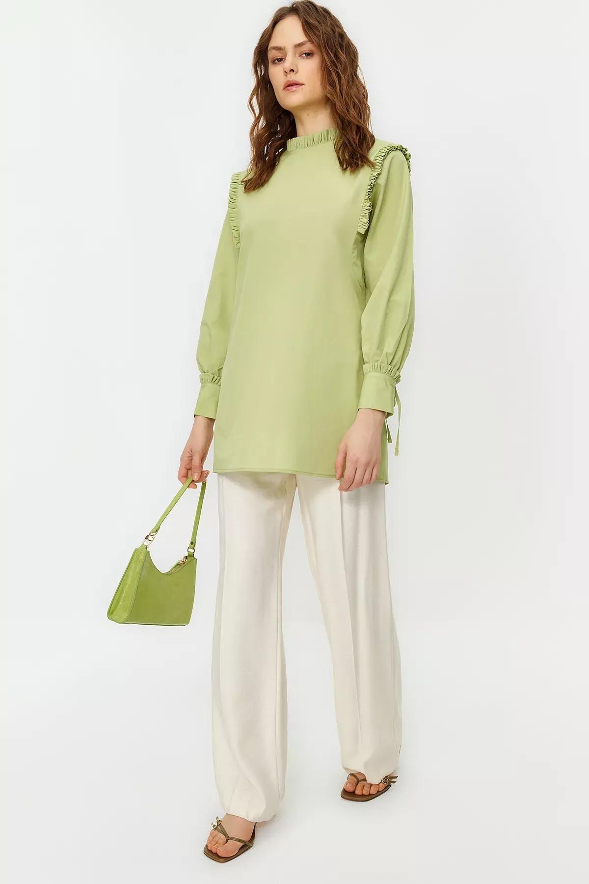 Green Ruffle Woven Cotton Tunic, Green, large image number 1
